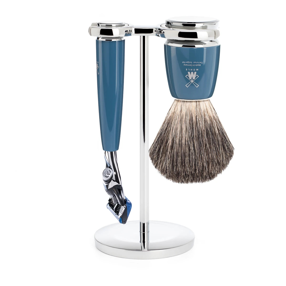 Barbersæt med Fusion Skraber, Barberkost og Holder, Rytmo, Petroleumsblå