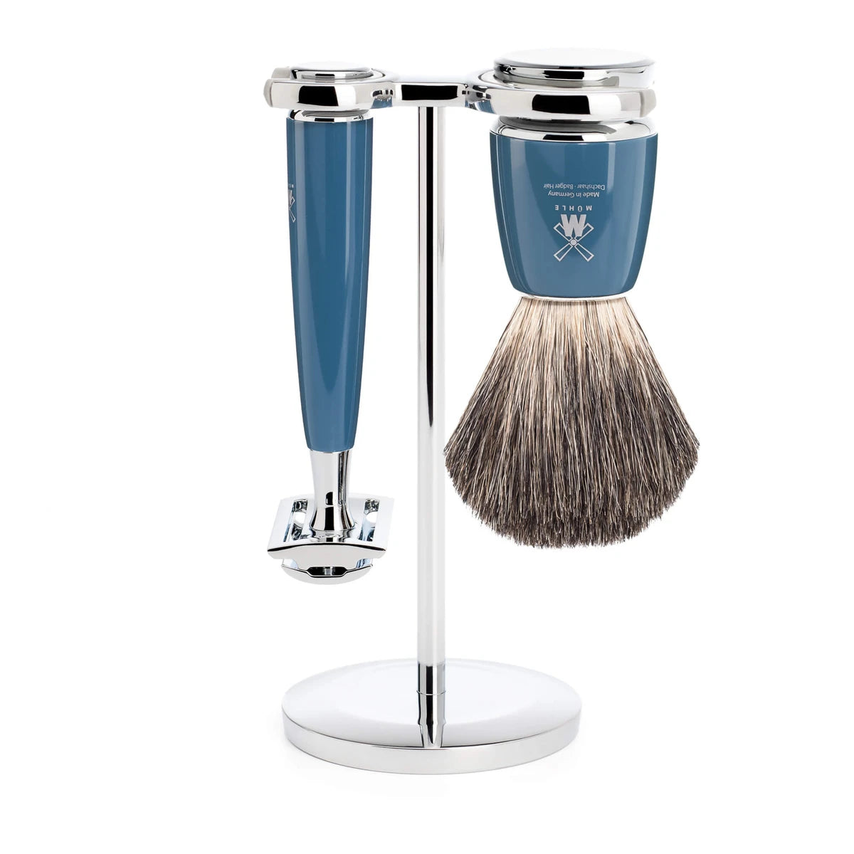 Barbersæt med DE-skraber, Barberkost og Holder, Rytmo, Petroleumsblå