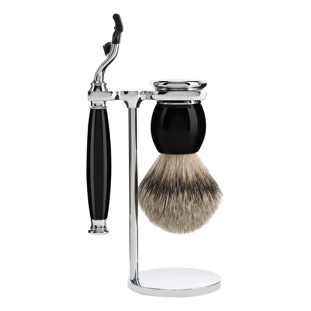Barbersæt med Mach3 Skraber, Barberkost og Holder, Sophist, Sort Kunstharpiks