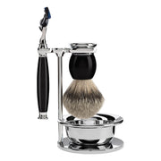 Barbersæt med Skraber, Silvertip Barberkost, Holder og Skål, Sophist, Sort Kunstharpiks