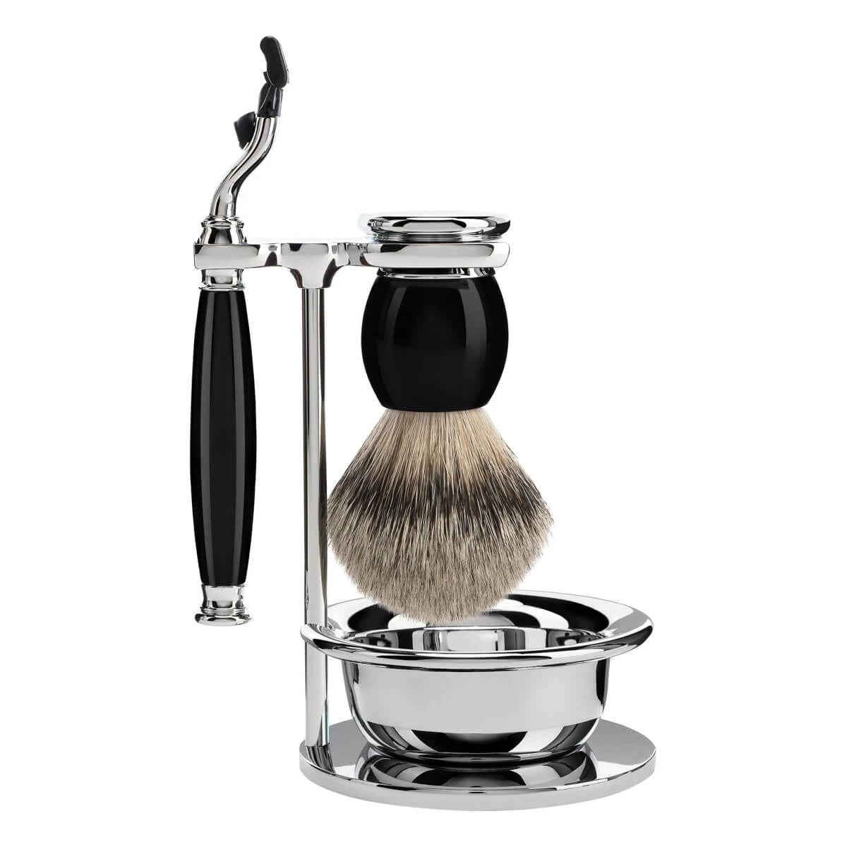 Barbersæt med Mach3 Skraber, Barberkost, Holder og Skål, Sophist, Sort Kunstharpiks