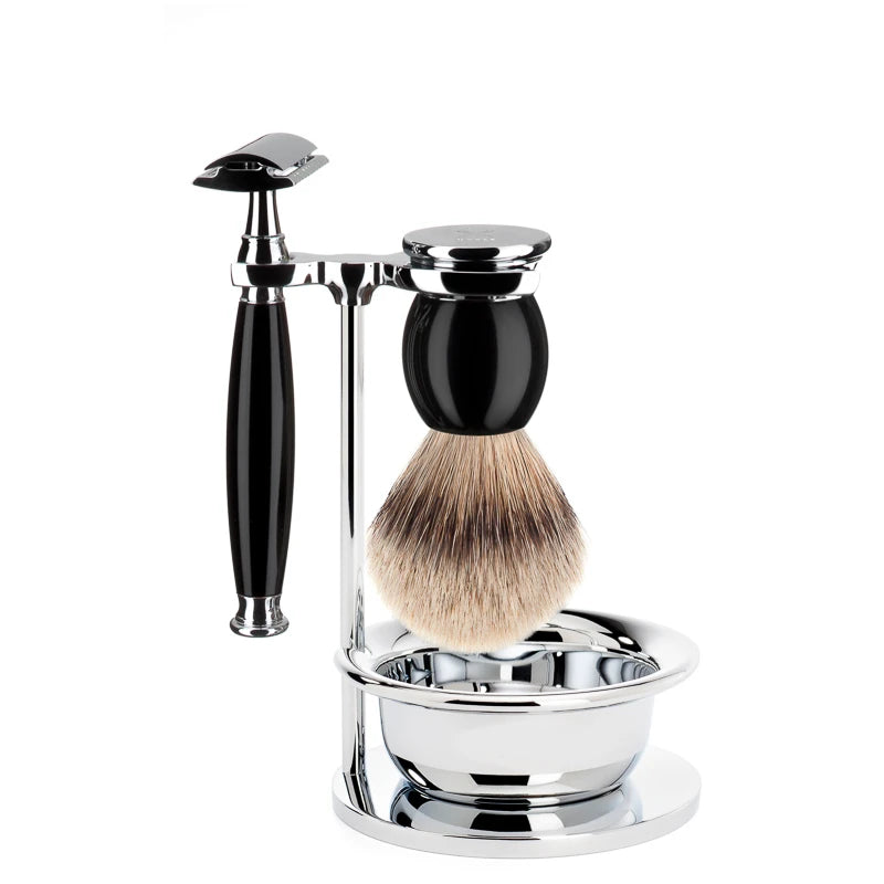 Barbersæt med DE-skraber, Silvertip Barberkost, holder og skål, Sophist, Sort Kunstharpiks