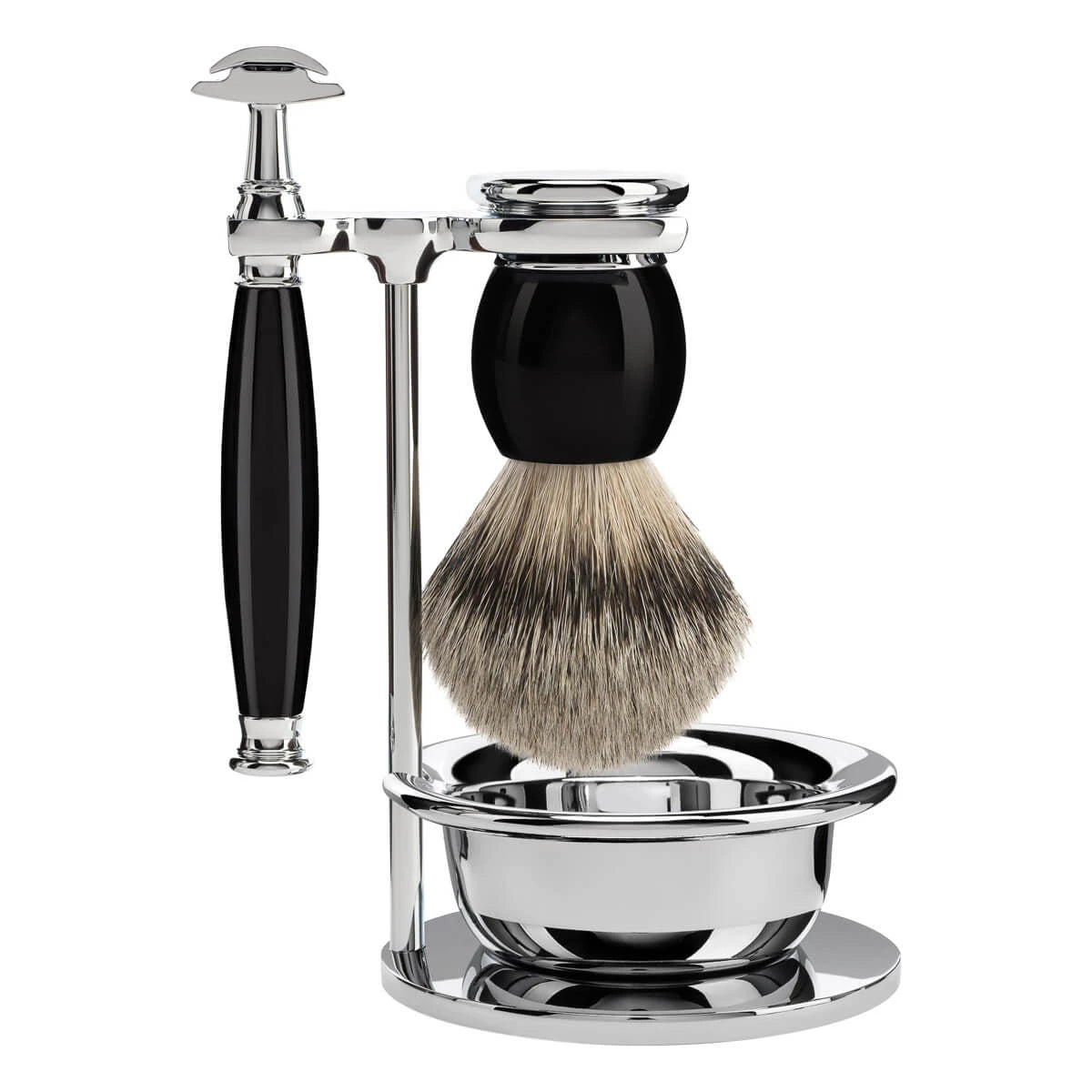 Barbersæt med DE-skraber, Silvertip Barberkost, holder og skål, Sophist, Sort Kunstharpiks