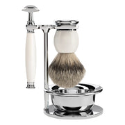 Barbersæt med DE-skraber, barberkost, holder og skål, Sophist, Porcelæn
