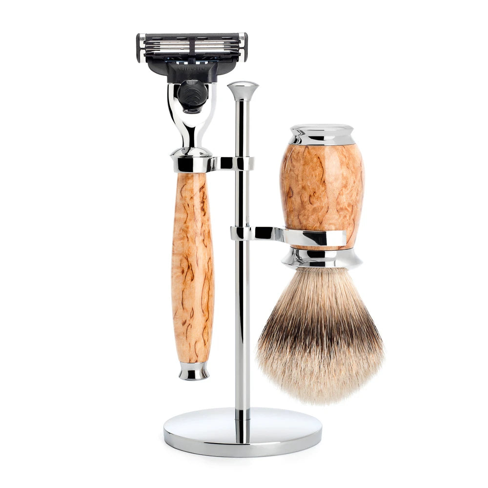 Barbersæt med Mach3 Skraber, Barberkost og Holder, Purist, Karelian Burl Birk