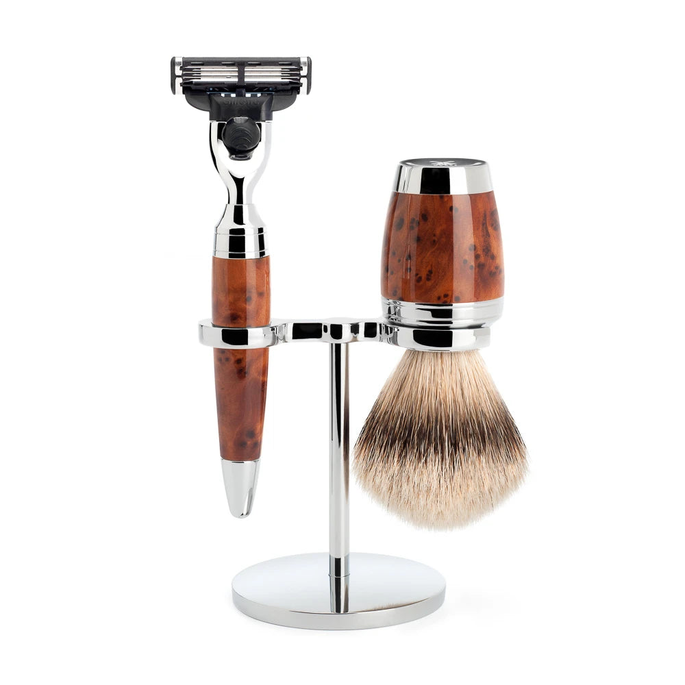 Barbersæt med Mach3 Skraber, Barberkost og Holder, Stylo, Thuja Wood