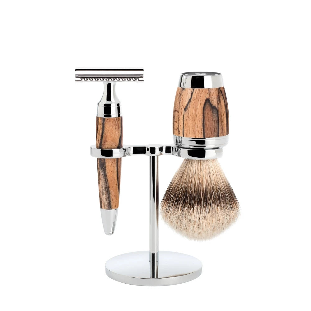 Barbersæt med DE-skraber, Barberkost og Holder, Stylo, Spalted Beech