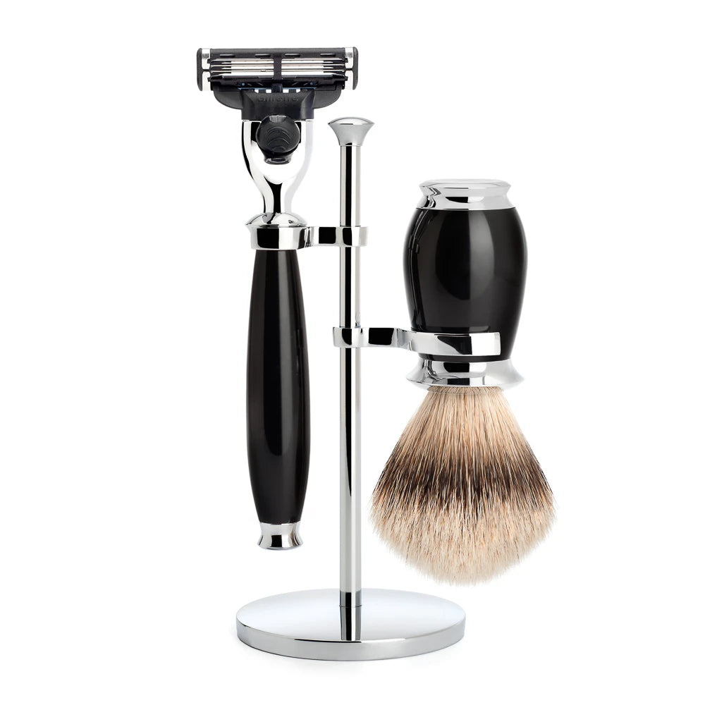 Barbersæt med Mach3 Skraber, Barberkost og Holder, Purist, Sort Kunstharpiks