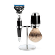 Barbersæt med Skraber, Silvertip Barberkost og Holder, Stylo, Sort Kunstharpiks