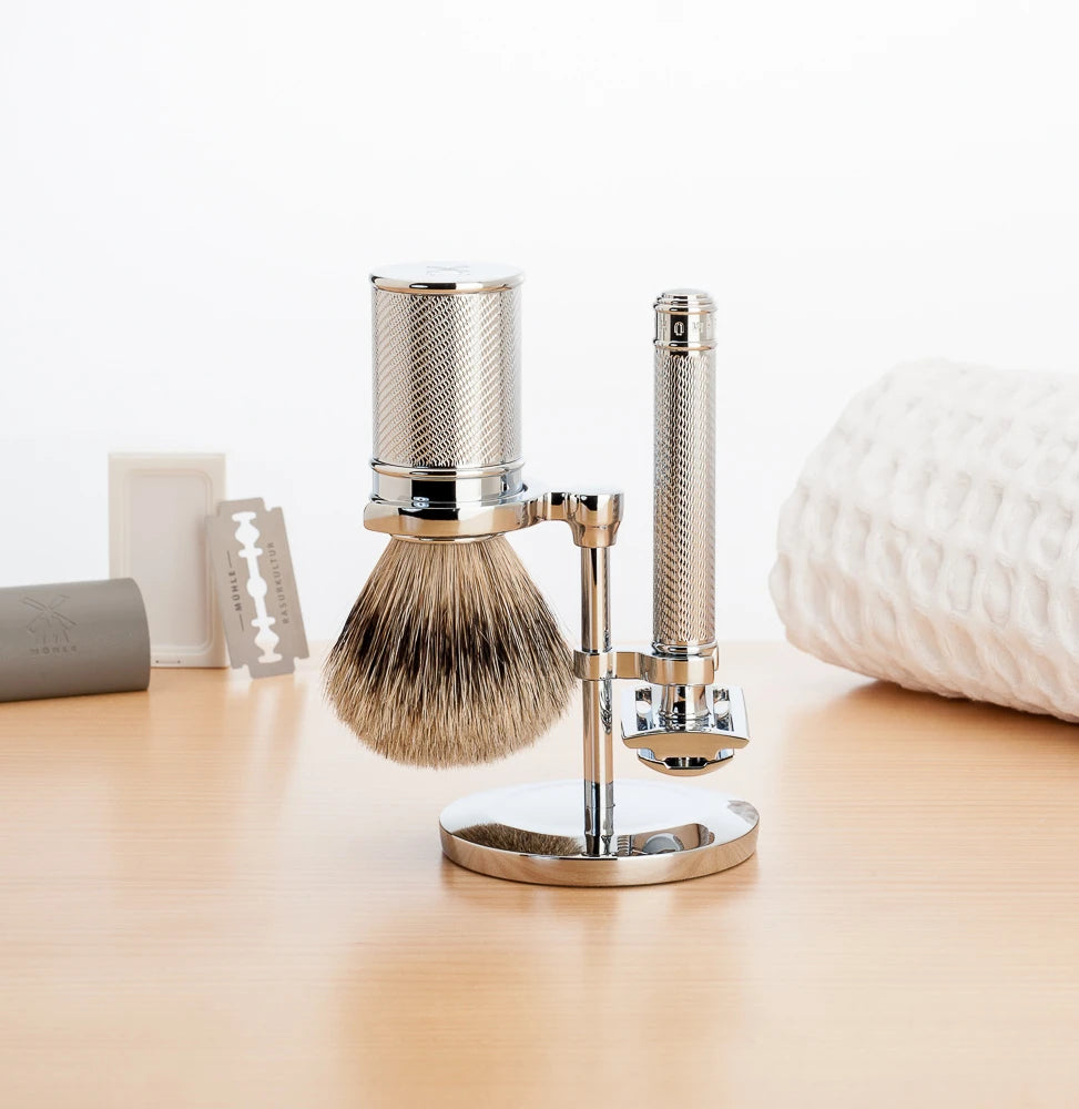 Mühle barbersæt med DE-skraber, barberkost og holder