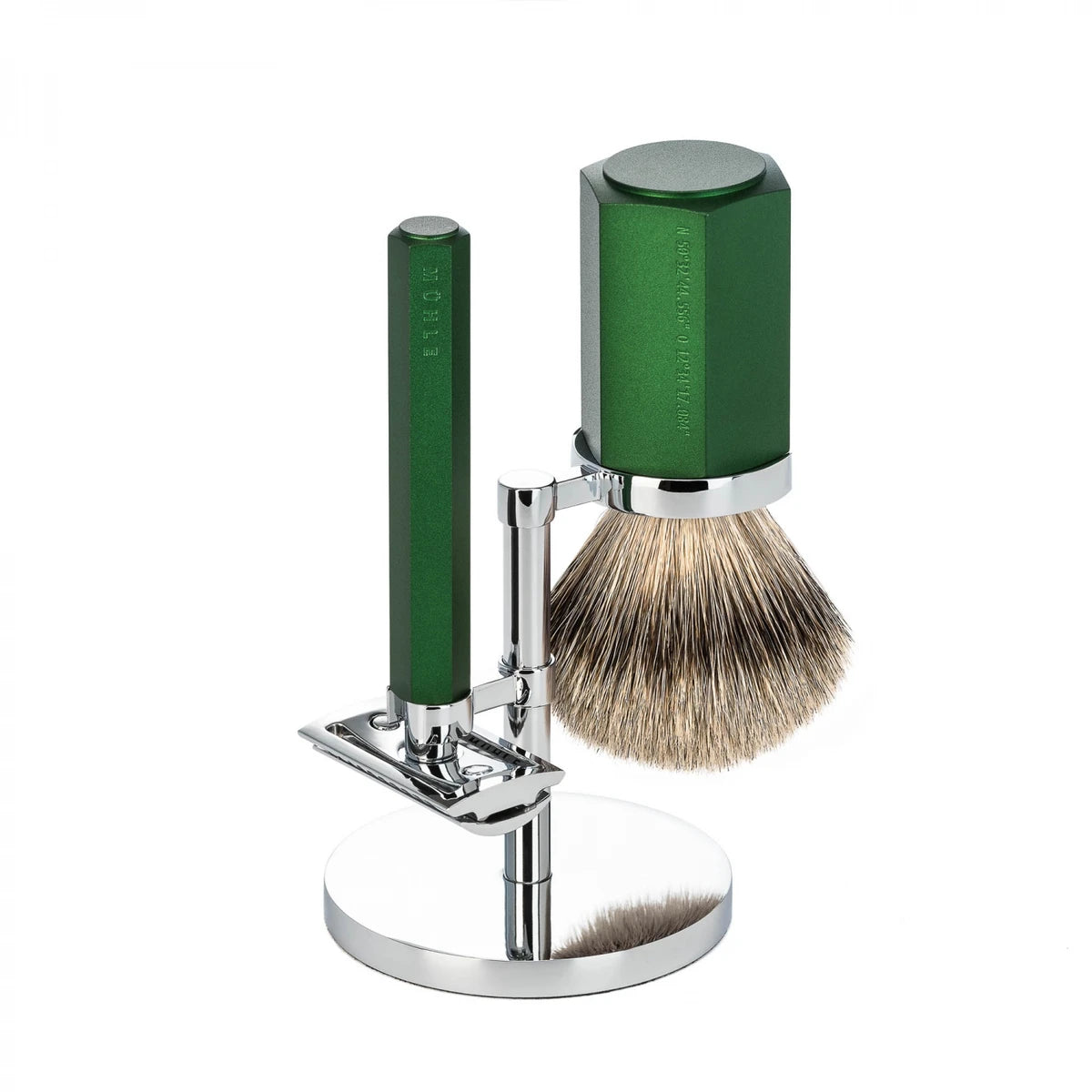 Mark Braun Barbersæt med DE-skraber, Silvertip Barberkost og holder, Hexagon, Aluminium Forest