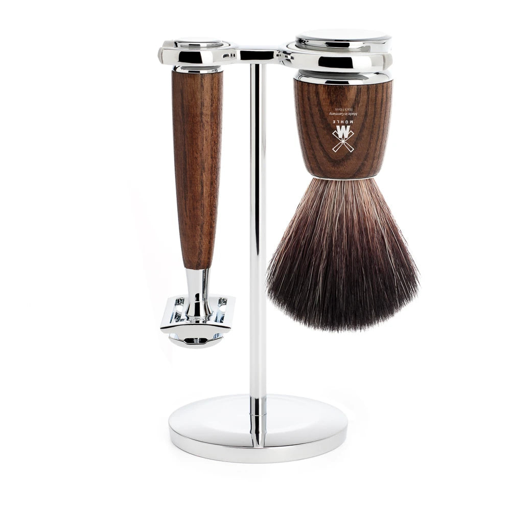 Barbersæt med DE-skraber, Fibre Barberkost og Holder, Rytmo, Ask