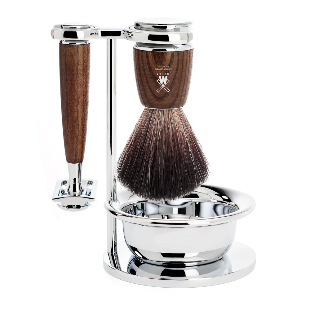 Barbersæt med DE-skraber, Fibre Barberkost, Holder og Skål, Rytmo, Ask