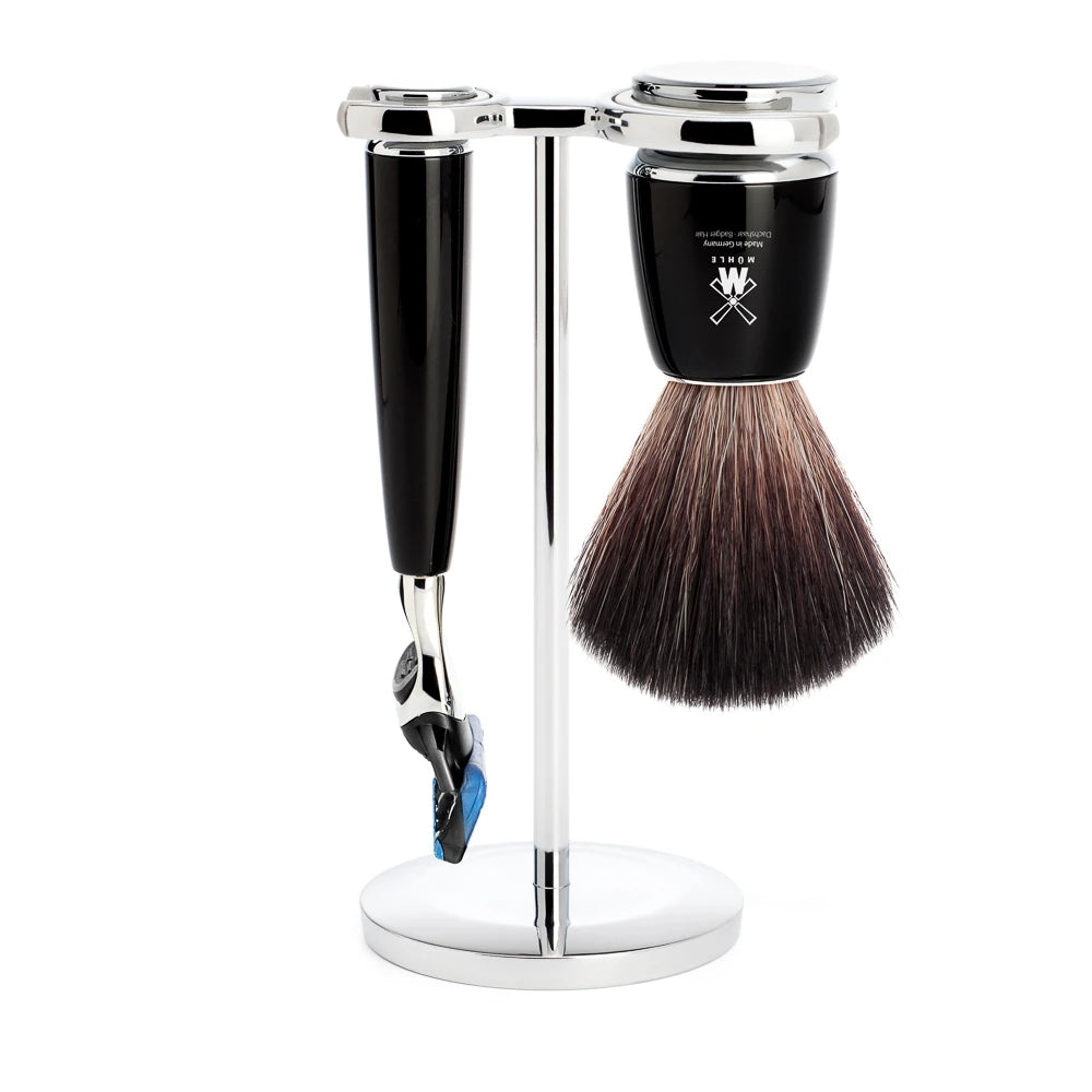 Barbersæt med Fusion skraber, Barberkost og Holder, Rytmo, Sort Kunstharpiks