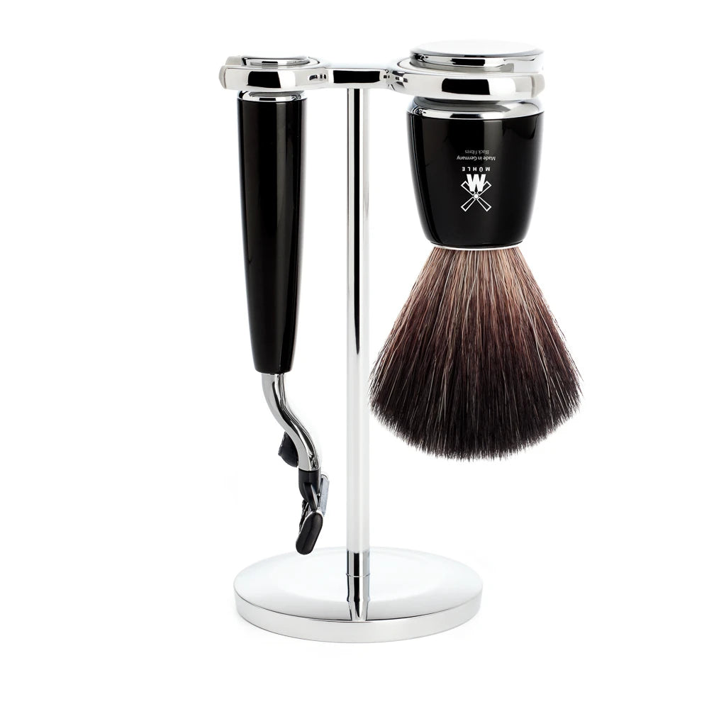 Barbersæt med Mach3 skraber, Fibre Barberkost og Holder, Rytmo, Sort Kunstharpiks