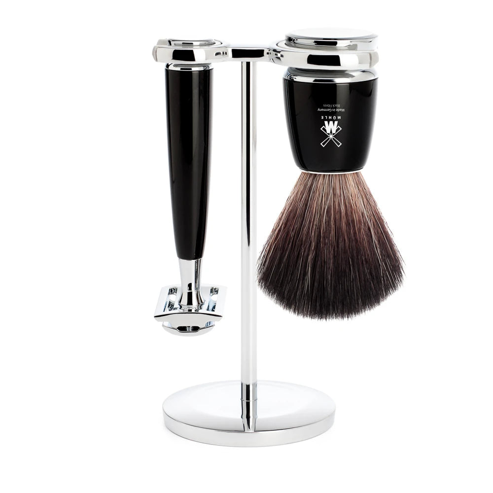Barbersæt med DE-skraber, Fibre Barberkost og Holder, Rytmo, Sort Kunstharpiks