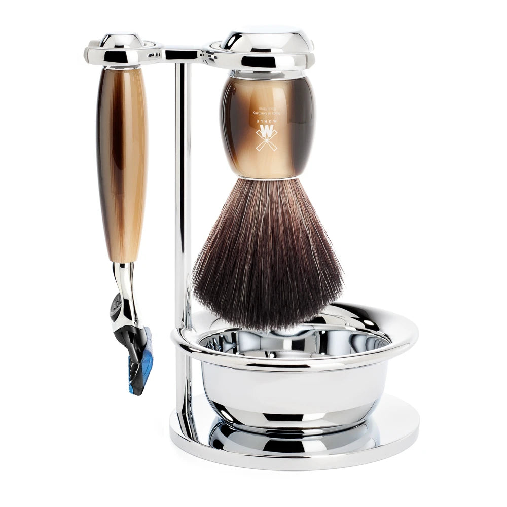 Barbersæt med Fusion Skraber, Fibre Barberkost, Holder og Skål, Vivo, Brunt Horn