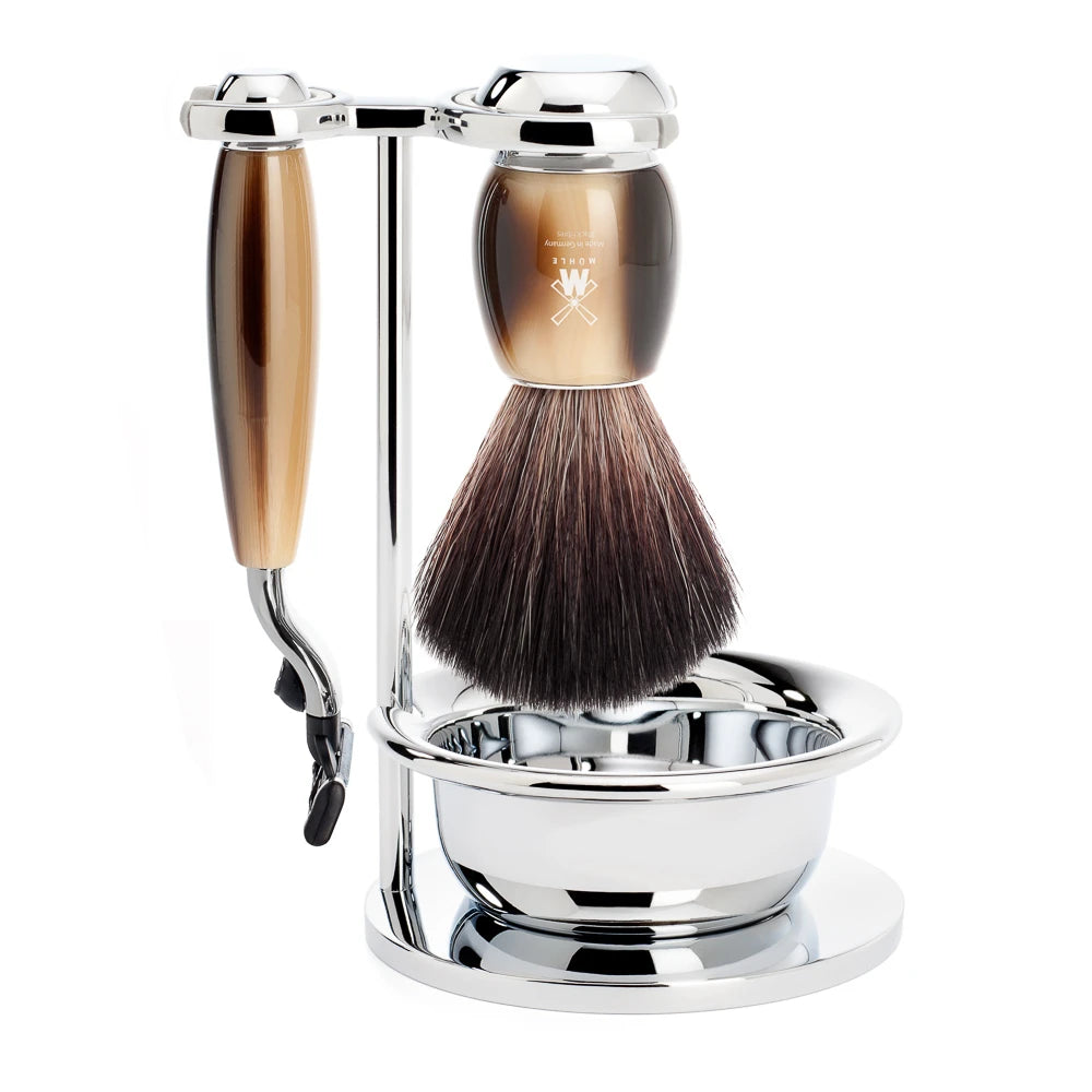 Barbersæt med Mach3 Skraber, Fibre Barberkost, Holder og Skål, Vivo, Brunt Horn
