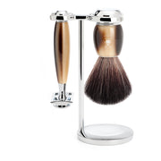 Barbersæt med DE-skraber, Fibre Barberkost og Holder, Vivo, Brunt Horn