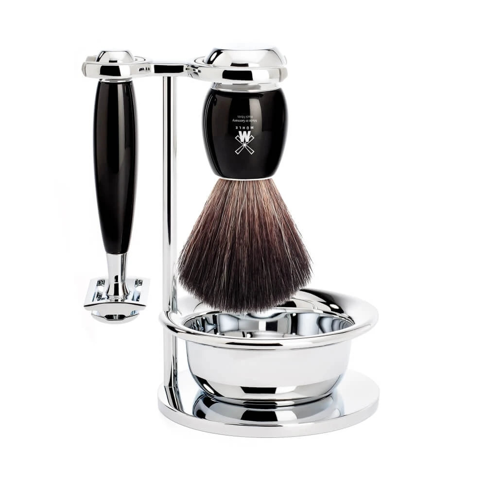 Barbersæt med DE-skraber, Black Fibre Barberkost, Holder og Skål, Vivo, Sort Kunstharpiks