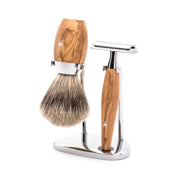 Barbersæt med DE-skraber, Fine Badger Barberkost og Holder, Kosmo, Oliventræ