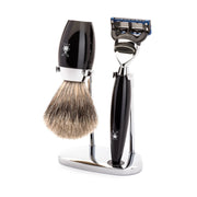 Barbersæt med Fusion Skraber, Fine Badger Barberkost og Holder, Kosmo, Sort Kunstharpiks