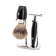Barbersæt med DE-Skraber, Fine Badger Barberkost og Holder, Kosmo, Sort Kunstharpiks