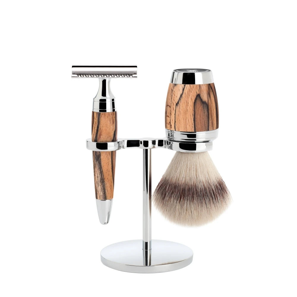 Barbersæt med DE-skraber, Fibre Barberkost og Holder, Stylo, Spalted Beech