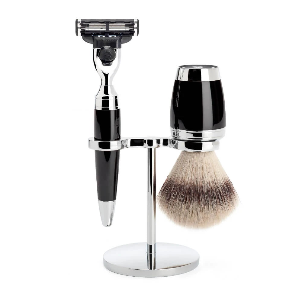 Barbersæt med Mach3 Skraber, Silvertip Fibre® Barberkost og Holder, Stylo, Sort Kunstharpiks