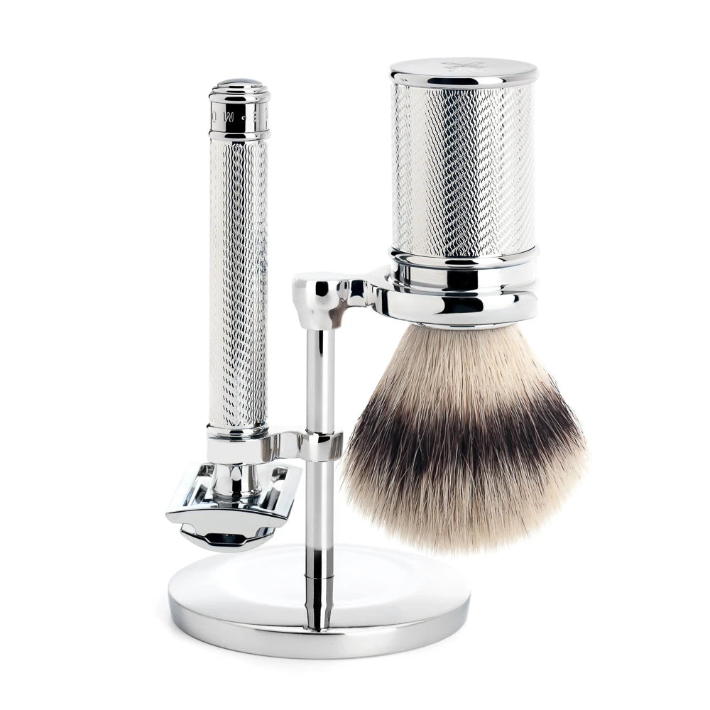 Barbersæt med DE-skraber, Barberkost og holder, Traditional, Krom