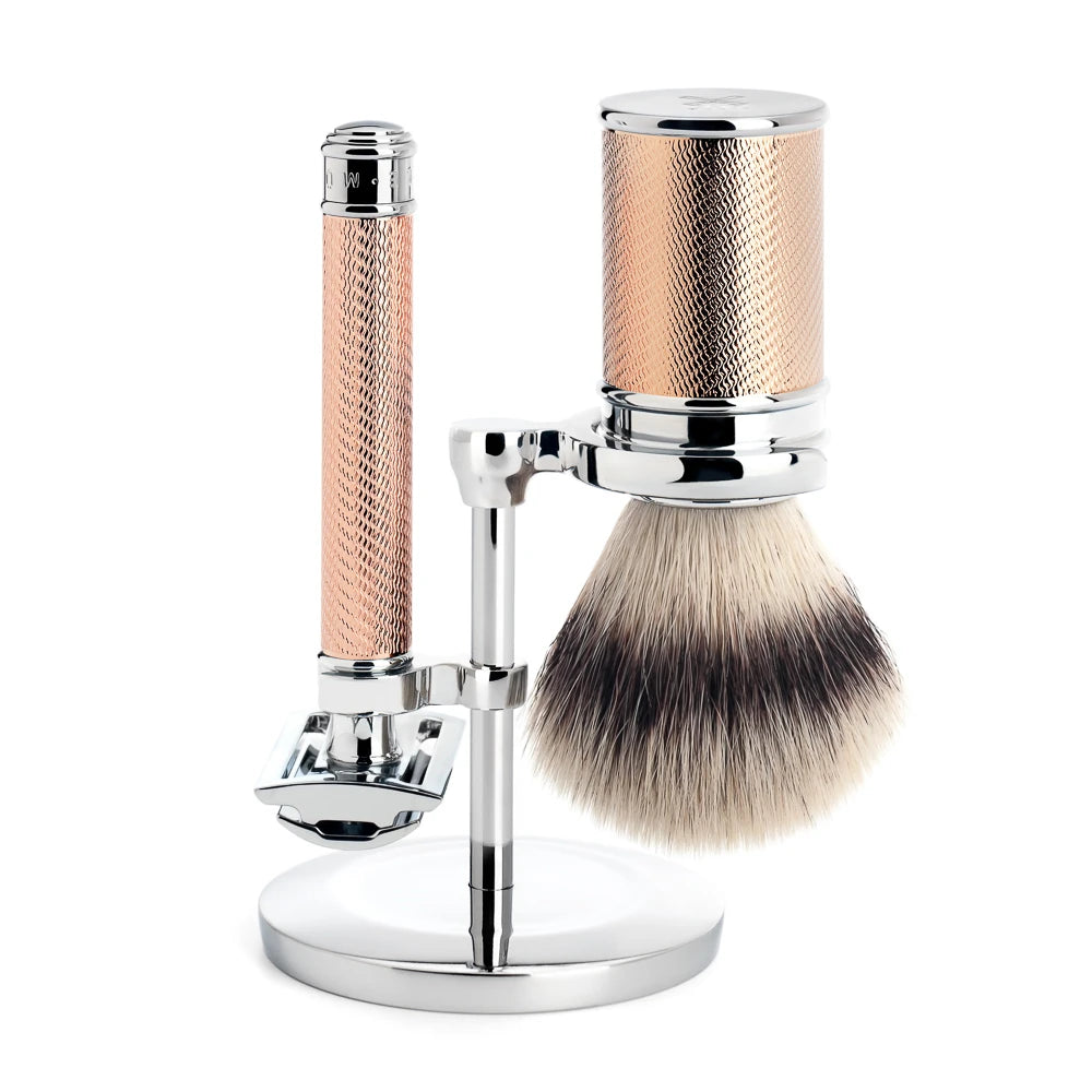 Barbersæt med DE-skraber, Fibre Barberkost og holder, Traditional, Rosegold
