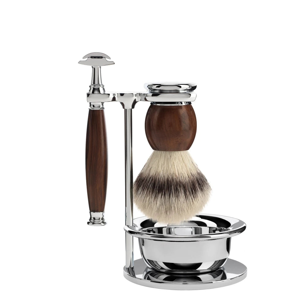 Barbersæt med DE-skraber, Fibre Barberkost, Holder og Skål, Sophist, Ironwood