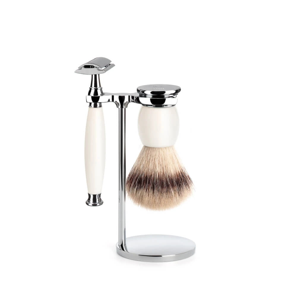 Barbersæt med DE-skraber, Silvertip Fibre® Barberkost og Holder, Sophist, Porcelæn