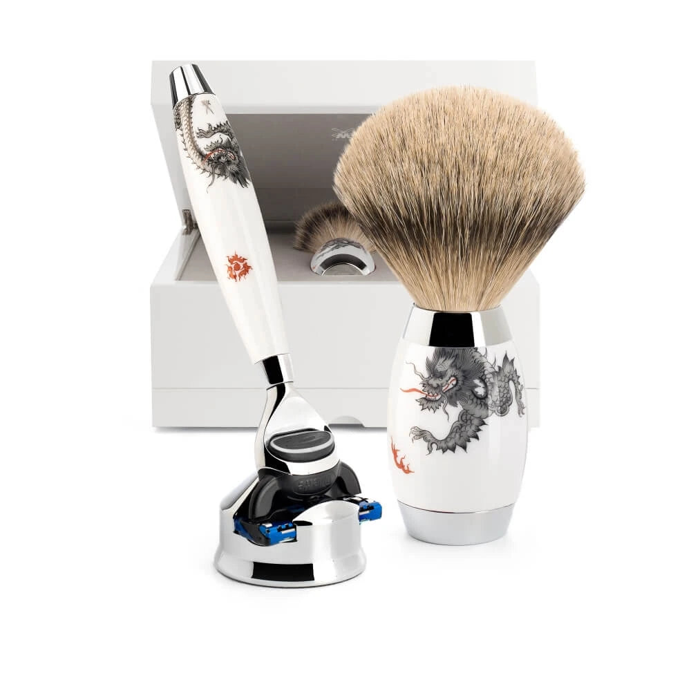Meissen Porcelain Barbersæt med Fusion Skraber, Silvertip Barberkost og Holder, Porcelæn