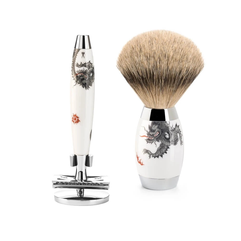 Meissen Porcelain Barbersæt med DE-Skraber, Silvertip Barberkost og Holder til skraber, Porcelæn