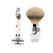 Meissen Porcelain Barbersæt med DE-Skraber, Silvertip Barberkost og Holder til skraber, Porcelæn