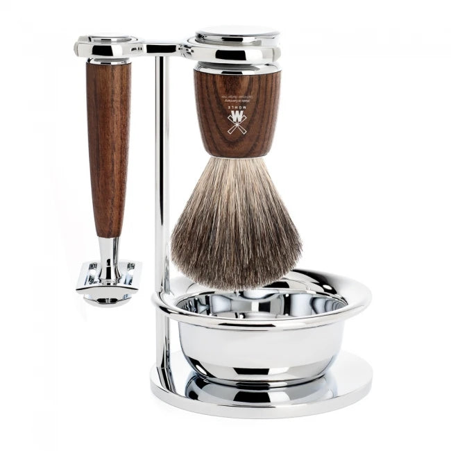 Barbersæt med DE-skraber, barberkost, holder og skål, Rytmo, Ask