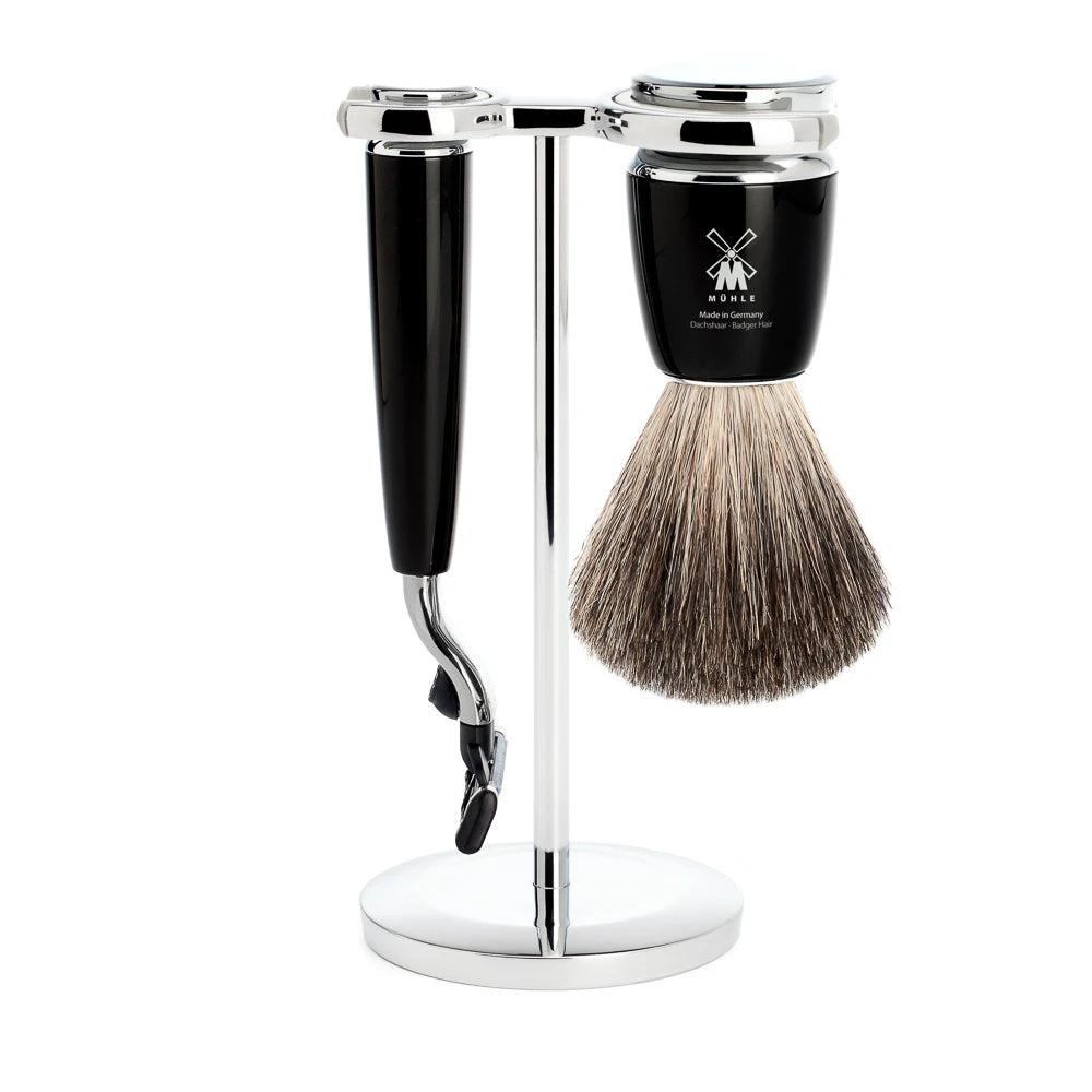 Barbersæt med Mach3 Skraber, Barberkost og Holder, Rytmo, Sort Kunstharpiks