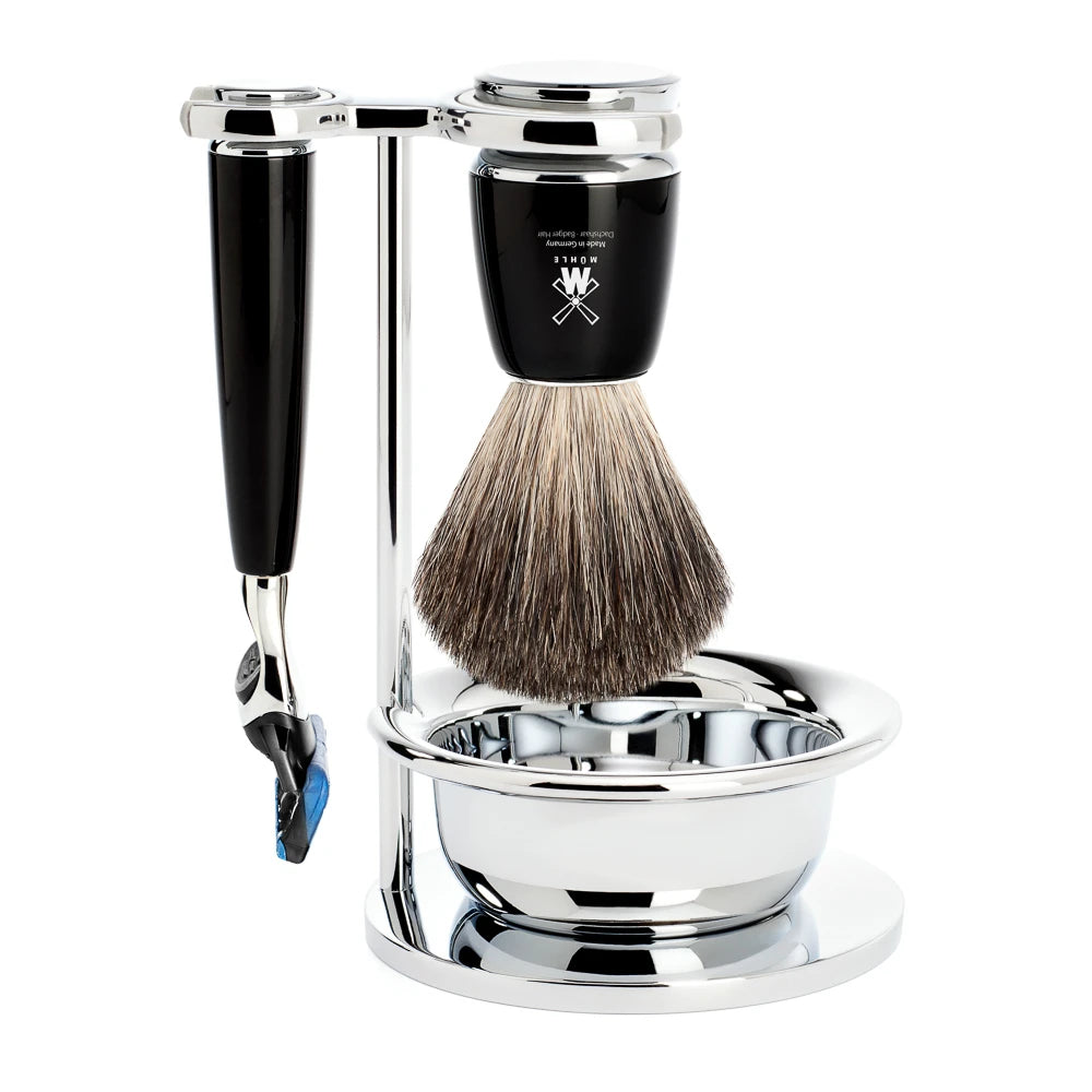 Barbersæt med Skraber, Barberkost, Holder og Skål, Rytmo, Sort Kunstharpiks