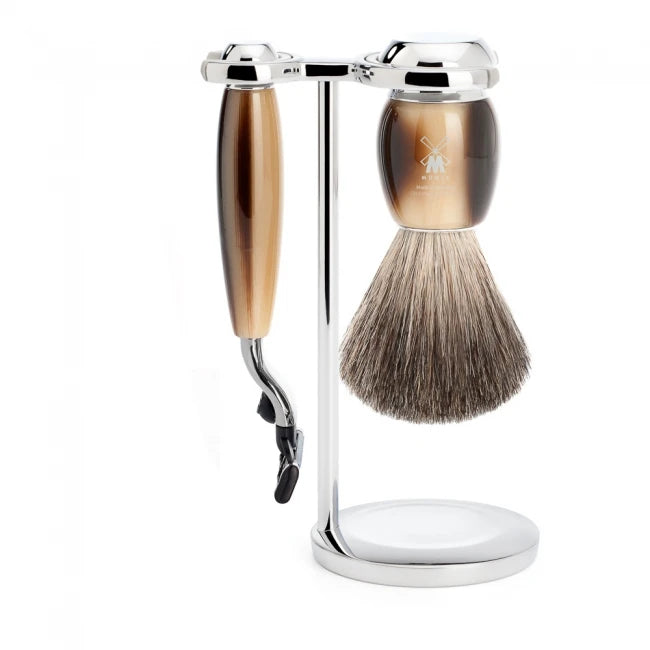 Barbersæt med Mach3 Skraber, Barberkost og Holder, Vivo, Brunt horn