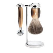 Barbersæt med DE-skraber, Barberkost og Holder, Vivo, Brunt Horn