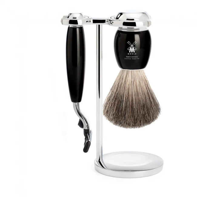 Barbersæt med Mach3 Skraber, Barberkost og Holder, Vivo, Sort Kunstharpiks