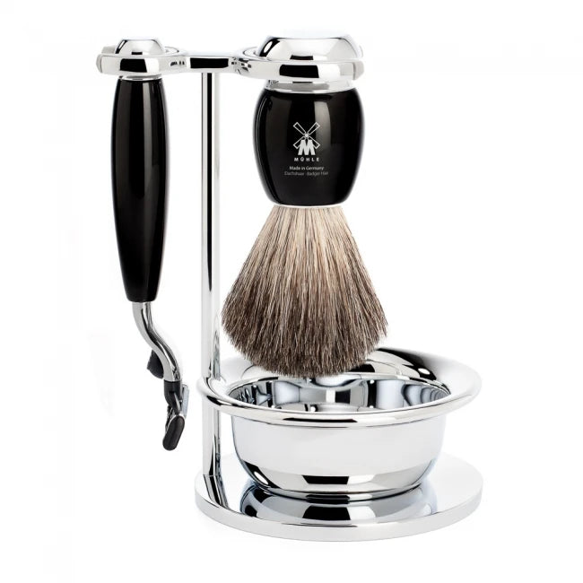 Barbersæt med Mach3 Skraber, Barberkost, Holder og Skål, Vivo, Sort Kunstharpiks