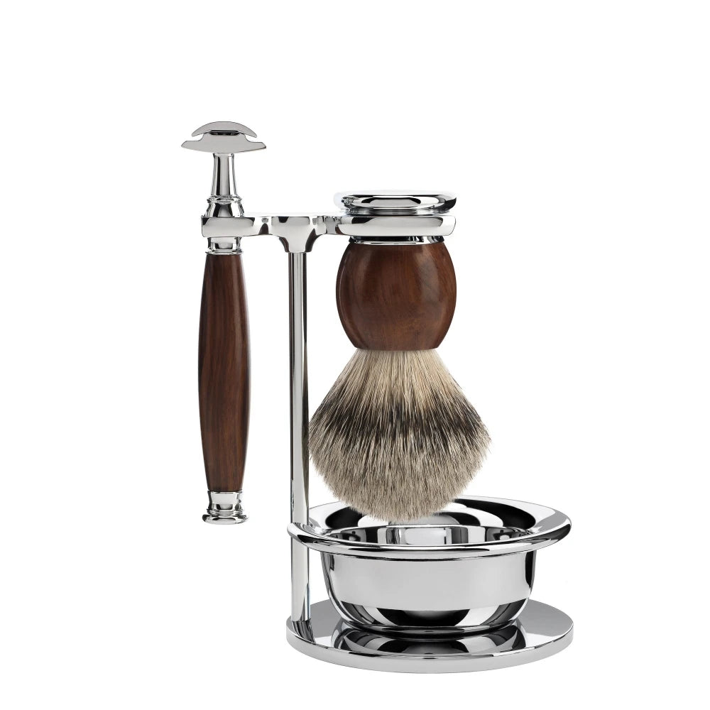 Barbersæt med DE-skraber, Barberkost, Holder og skål, Sophist, Ironwood