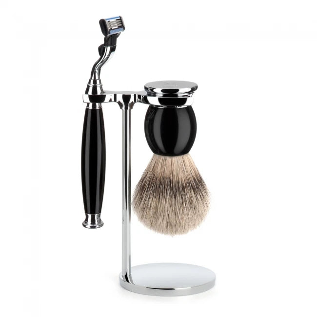 Barbersæt med Mach3 Skraber, Barberkost og Holder, Sophist, Sort Kunstharpiks