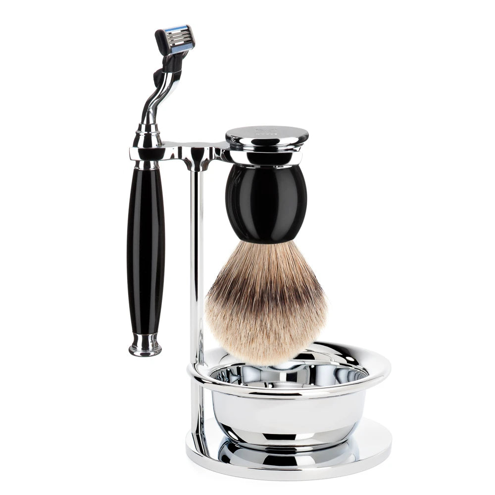 Barbersæt med Mach3 Skraber, Barberkost, Holder og Skål, Sophist, Sort Kunstharpiks