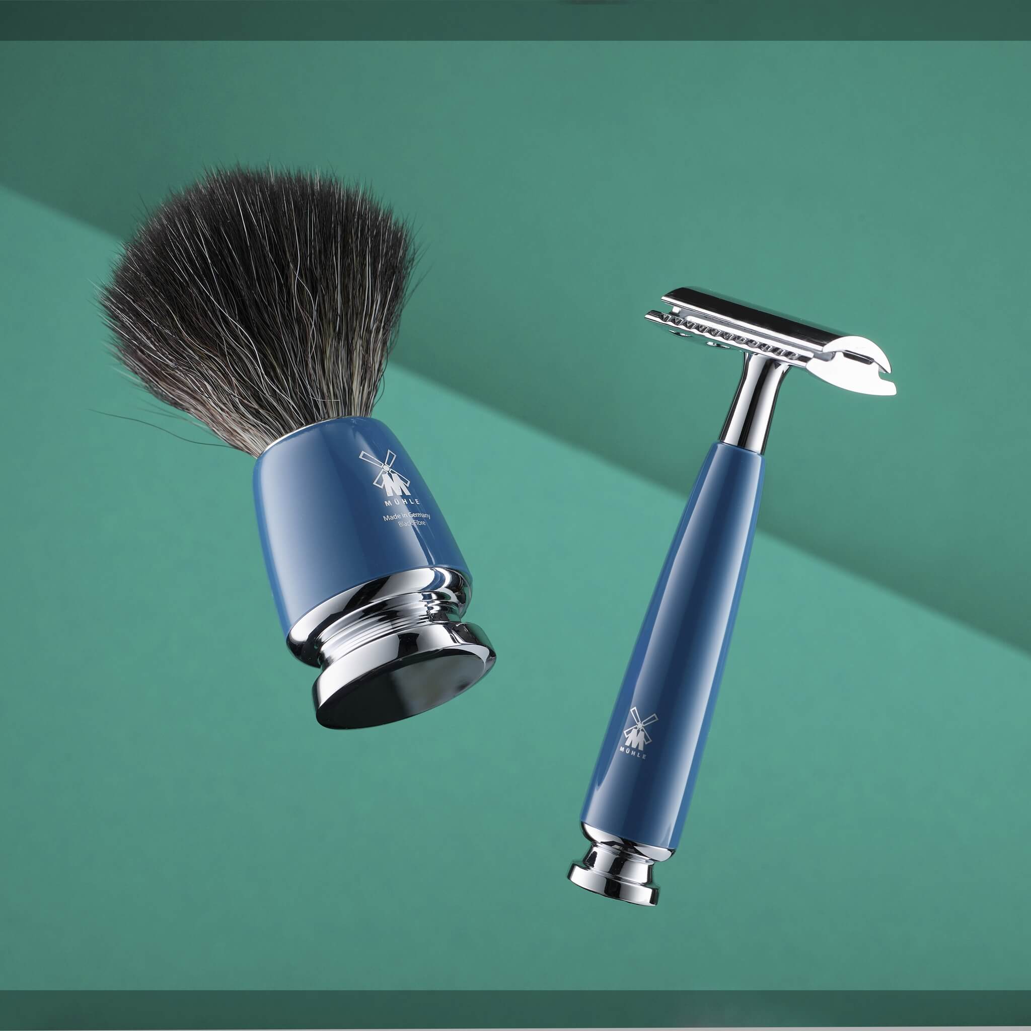 Barbersæt med DE-skraber, Fibre Barberkost og Holder, Rytmo, Petroleumsblå