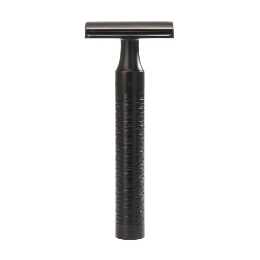 Barbersæt med DE-skraber, Fibre Barberkost og Holder, Rocca, Sort rustfrit stål