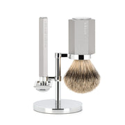 Mark Braun Barbersæt med DE-skraber, Silvertip Barberkost og holder, Hexagon, Sølv Aluminum