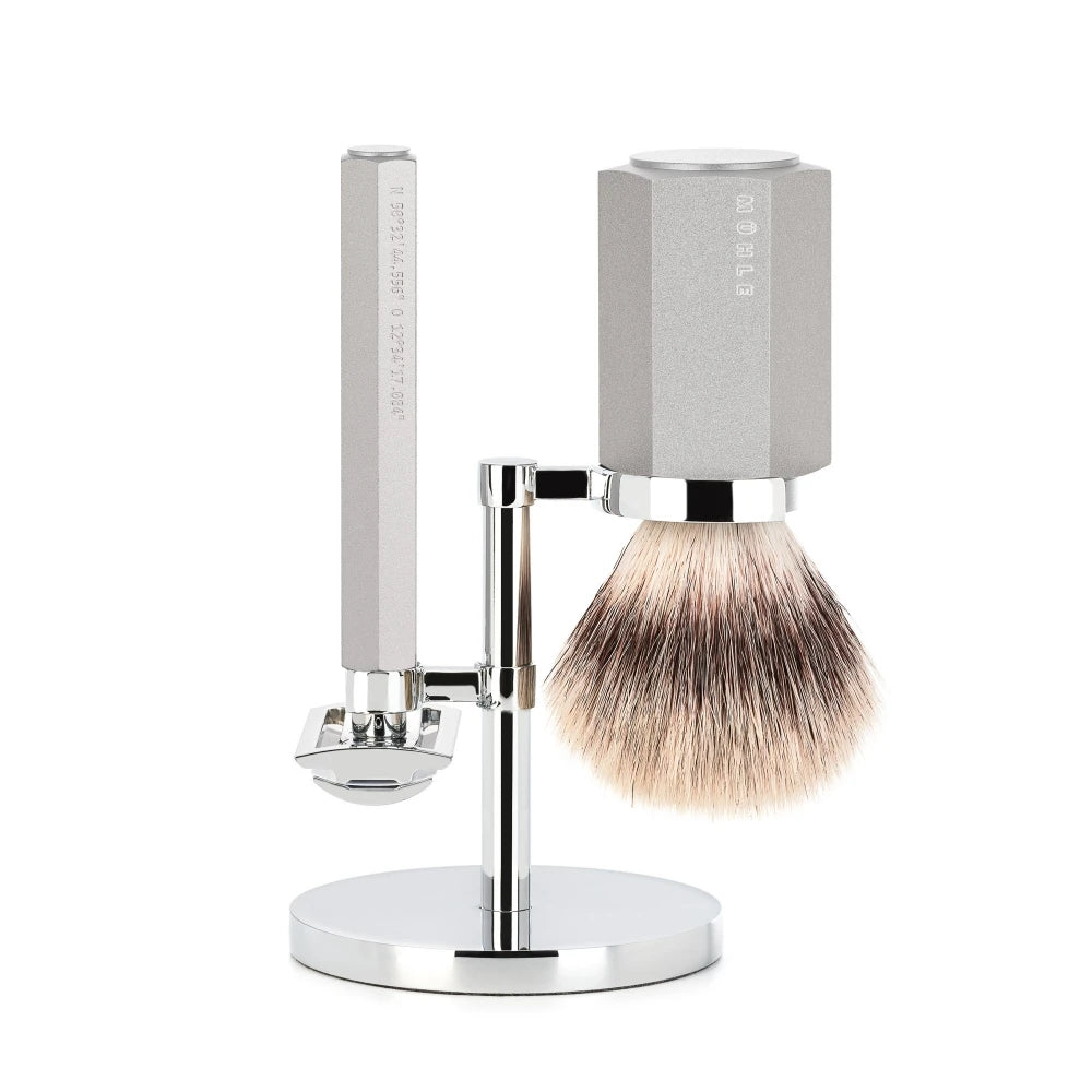 Mark Braun Barbersæt med DE-skraber, Barberkost og holder, Hexagon, Sølv Aluminum